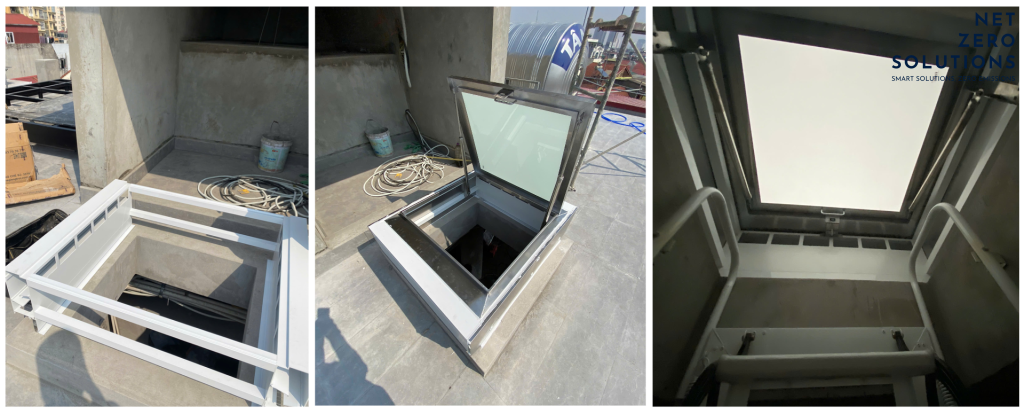 Lắp đặt giếng trời kết hợp nắp thăm trần trên mái bê tông